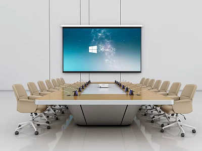 Modern Conference Table With Beige Office Chairs And Large Display Screen 3d model