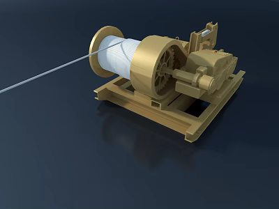 Golden Industrial Winch Equipment With Reel White Cable And Gear Base Structure 3d model