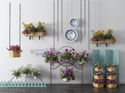 Potted Plants With Hanging Baskets Wall Plates Welcome Sign Metal Stand And Multi Layer Planters 3d model