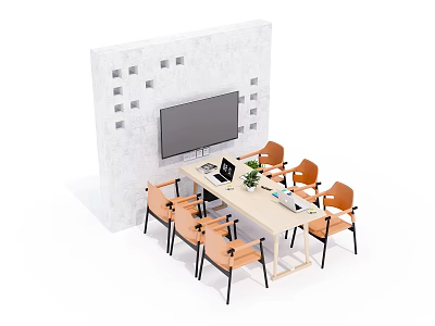 Modern Conference Table With Laptop And Orange Chairs Near Large Screen On White Wall 3d model