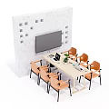 Modern Conference Table With Laptop And Orange Chairs Near Large Screen On White Wall