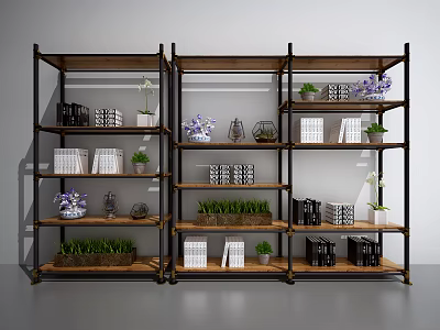 Modern Shelving Unit With Wooden And Metal Tiered Structure Displaying Books Green Plants And Decor 3d model