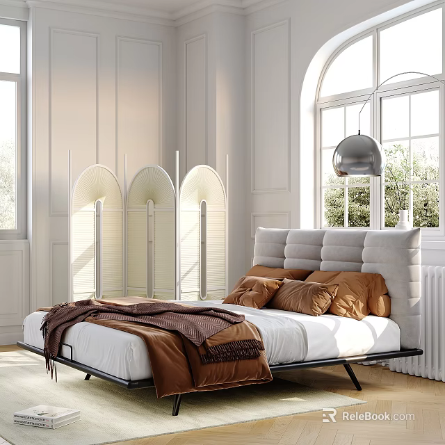 Modern Double Bed With Gray Padded Headboard Brown Pillows And White Bedroom Interior 3d model 
