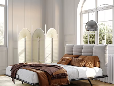 Modern Double Bed With Gray Padded Headboard Brown Pillows And White Bedroom Interior 3d model