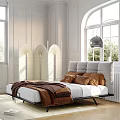 Modern Double Bed With Gray Padded Headboard Brown Pillows And White Bedroom Interior