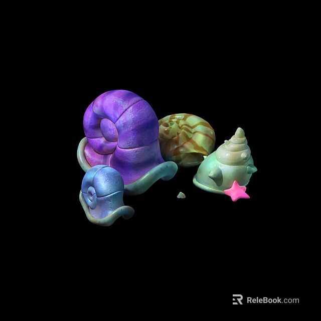 Aquatic Animals Displaying Vibrant Snail Shells Green Conch And Pink Starfish Elements 3d model 