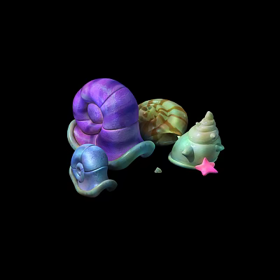 Aquatic Animals Displaying Vibrant Snail Shells Green Conch And Pink Starfish Elements 3d model