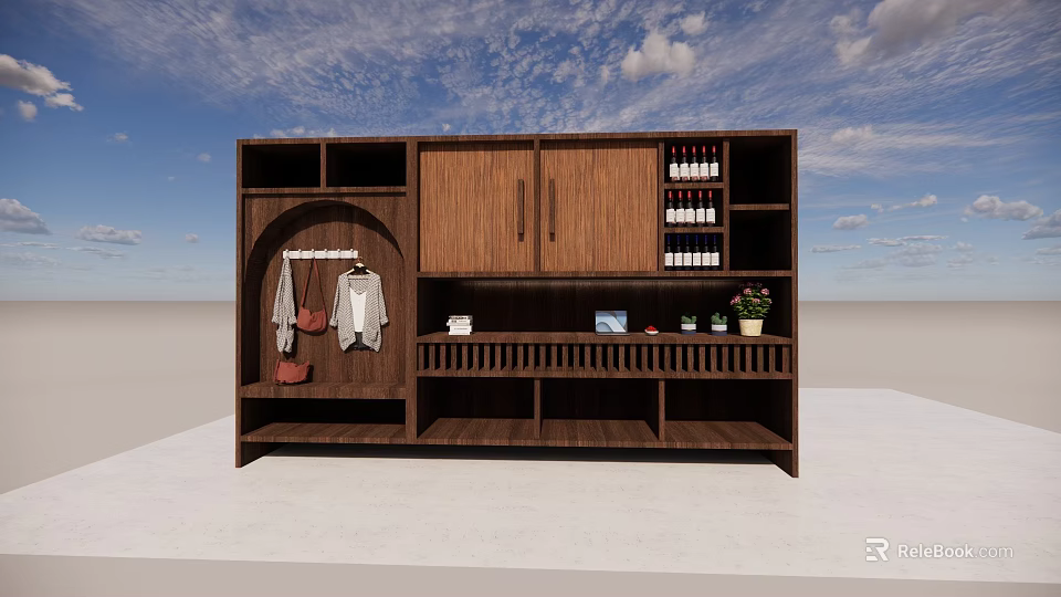 Wooden Multifunctional Wardrobe Featuring Hanging Area Storage Shelves Decorations Plants And Wine Bottles 3d model 