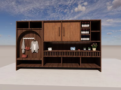 Wooden Multifunctional Wardrobe Featuring Hanging Area Storage Shelves Decorations Plants And Wine Bottles 3d model