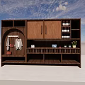 Wooden Multifunctional Wardrobe Featuring Hanging Area Storage Shelves Decorations Plants And Wine Bottles