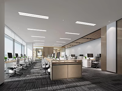 Modern Public Office Space with Desks Computers Office Chairs Large Windows Linear Lights Carpeted Floor 3d model