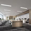 Modern Public Office Space with Desks Computers Office Chairs Large Windows Linear Lights Carpeted Floor