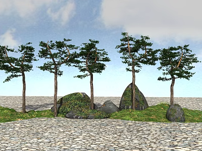 Tall Trees In Natural Outdoor Scene With Green Grass And Rocks 3d model