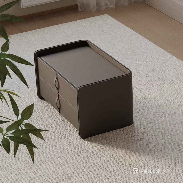 Dark Leather Bedside Table With Two Drawers On Rug Near Green Leaves And Wooden Floor 3d model 