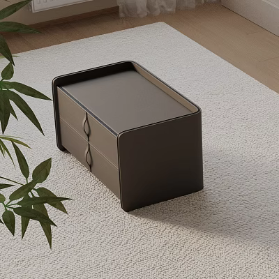 Dark Leather Bedside Table With Two Drawers On Rug Near Green Leaves And Wooden Floor 3d model