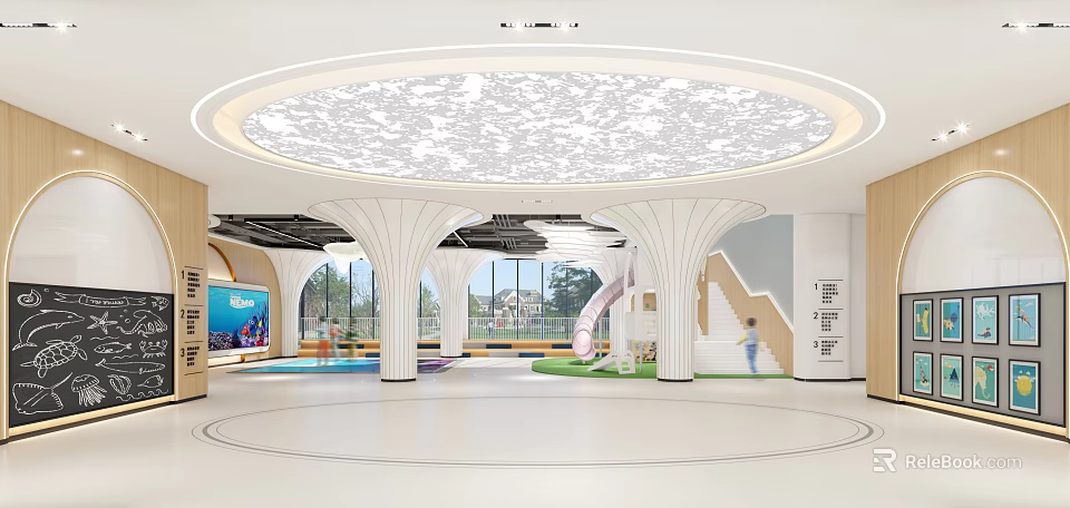 Kindergarten Interior With Circular Ceiling White Columns Slide And Children Playing 3d model