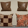Decorative Brown Textured Throw Pillows With Checkerboard And Floral Patterns 3d model