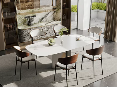Modern Dining Table Set White Oval Top Six Brown Backrest Beige Seats Green Plant Centerpiece 3d model