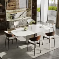 Modern Dining Table Set White Oval Top Six Brown Backrest Beige Seats Green Plant Centerpiece