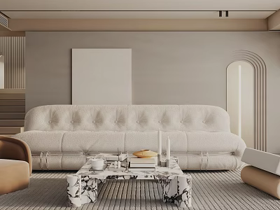 Modern Living Room Interior With Beige Tufted Sofa Marble Coffee Table And Striped Rug 3d model