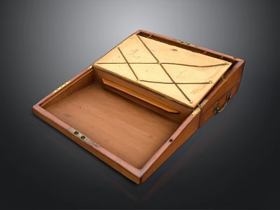 Open Wooden Box With Gold Geometric Pattern On Lid Wooden Interior And Metal Hardware Details 3d model