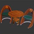 Round Wooden Table Chair Set With Curved Backrest Green Seat Cushion Orange Accent Metal Legs