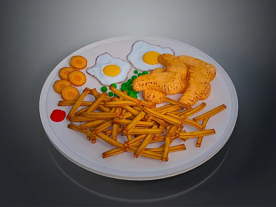 Appetizing Plate with French Fries Fried Eggs Chicken Nuggets Carrot Slices Green Peas and Ketchup 3d model