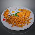 Appetizing Plate with French Fries Fried Eggs Chicken Nuggets Carrot Slices Green Peas and Ketchup