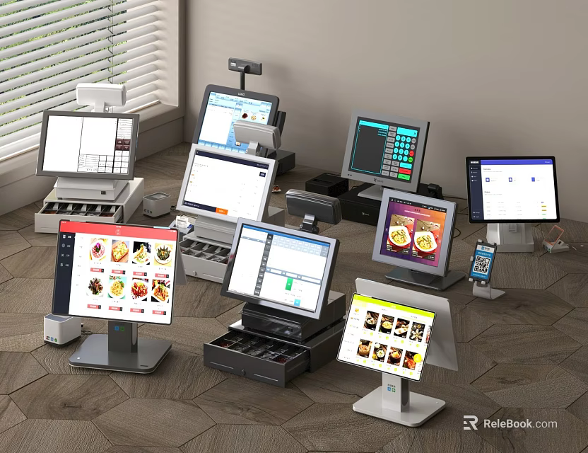 Various Modern POS Cash Registers With Digital Screens And Product Displays 3d model 
