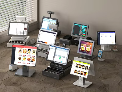 Various Modern POS Cash Registers With Digital Screens And Product Displays 3d model
