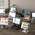 Various Modern POS Cash Registers With Digital Screens And Product Displays
