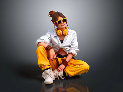 Stylish Casual Female Outfit With Yellow Sunglasses Headphones Pants And White Sneakers 3d model