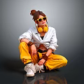 Stylish Casual Female Outfit With Yellow Sunglasses Headphones Pants And White Sneakers