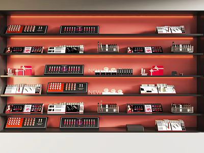 Red Background Cosmetics Display Shelves Featuring Lipsticks Eyeshadow Palettes And Layered Arrangement 3d model