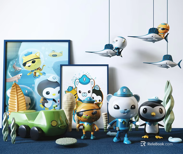 Marine Theme Decorative Ornament Set with Penguin Figurines Whale Hanging Ornaments and Underwater Elements 3d model 