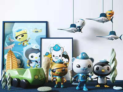Marine Theme Decorative Ornament Set with Penguin Figurines Whale Hanging Ornaments and Underwater Elements 3d model