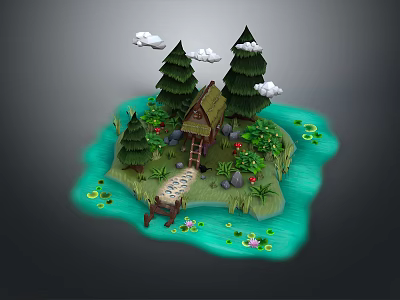Small Island With Thatched Cottage Pine Trees Clouds Water Lily Pads And Wooden Bridge 3d model