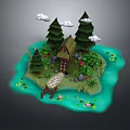 Small Island With Thatched Cottage Pine Trees Clouds Water Lily Pads And Wooden Bridge