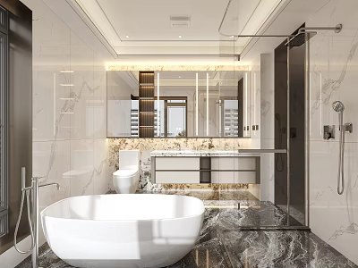 Elegant Modern Luxury Bathroom With Freestanding Bathtub Marble Finishes And Large Backlit Vanity Mirror 3d model