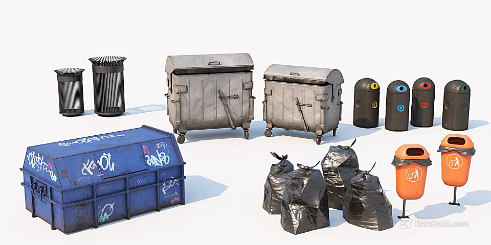 Public Waste Management Facilities Including Trash Bins Dumpsters And Garbage Bags 3d model 