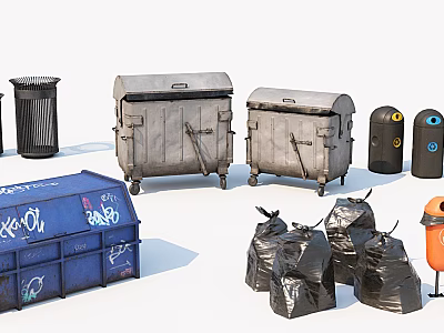 Public Waste Management Facilities Including Trash Bins Dumpsters And Garbage Bags 3d model
