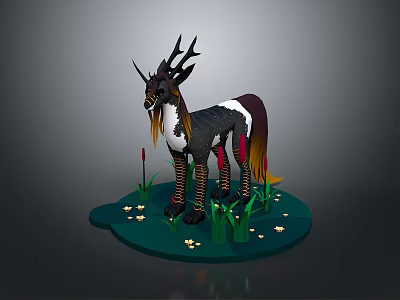 Fantasy Mythical Creature With Antlers Black White Brown Body On Green Grass With Small Flowers 3d model