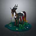 Fantasy Mythical Creature With Antlers Black White Brown Body On Green Grass With Small Flowers