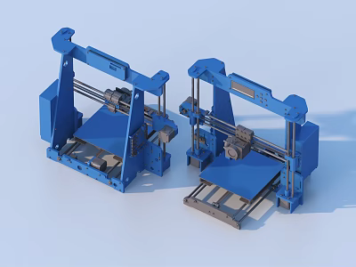 Two Blue Industrial Equipment Units Featuring Mechanical Frame and Worktable Structure 3d model