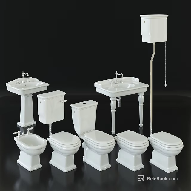 White Ceramic Toilets With Various Styles And Matching Washbasins In Bathroom 3d model