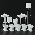 White Ceramic Toilets With Various Styles And Matching Washbasins In Bathroom 3d model