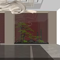 Hotel Lobby Interior With Red Backdrop Lattice Screens Bonsai Tree And Rockery