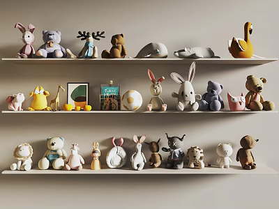 Cute Stuffed Animals And Decorative Figurines On Multiple White Shelves 3d model