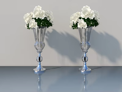 Elegant Decorative Glass Vases With White Flowers On Reflective Surface 3d model