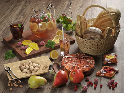 Fresh Food Spread With Bread Basket Lemon Drink Almonds Pears Apples Raspberries And Mint Leaves 3d model